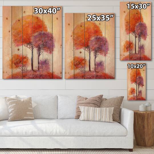Designart - Colourful Trees Impression I - Traditional Print on Natural Pine Wood